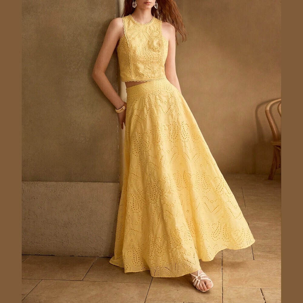 Yellow Eyelet Lace Round Neck Sleeveless Crop Top and A-Line Maxi Skirt Set